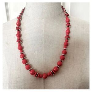Orange silver tone long beaded necklace